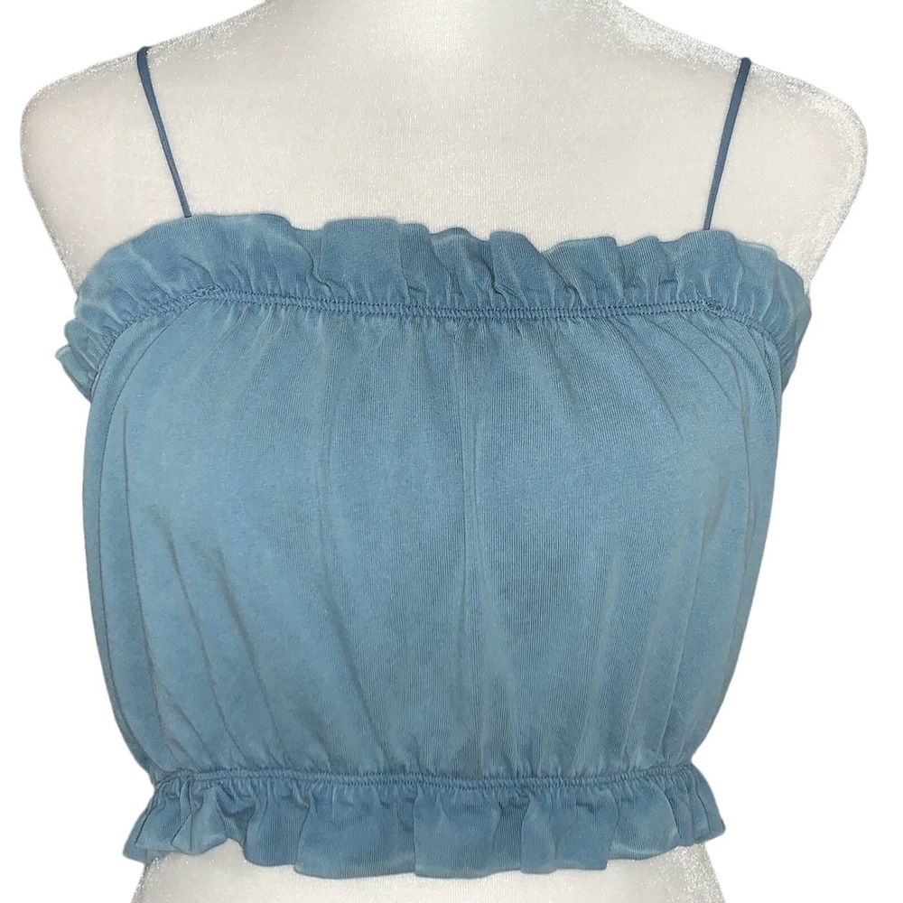 Zara Cropped Cami Top Womens Small Blue Ruffle Trim Spaghetti Strap Cotton